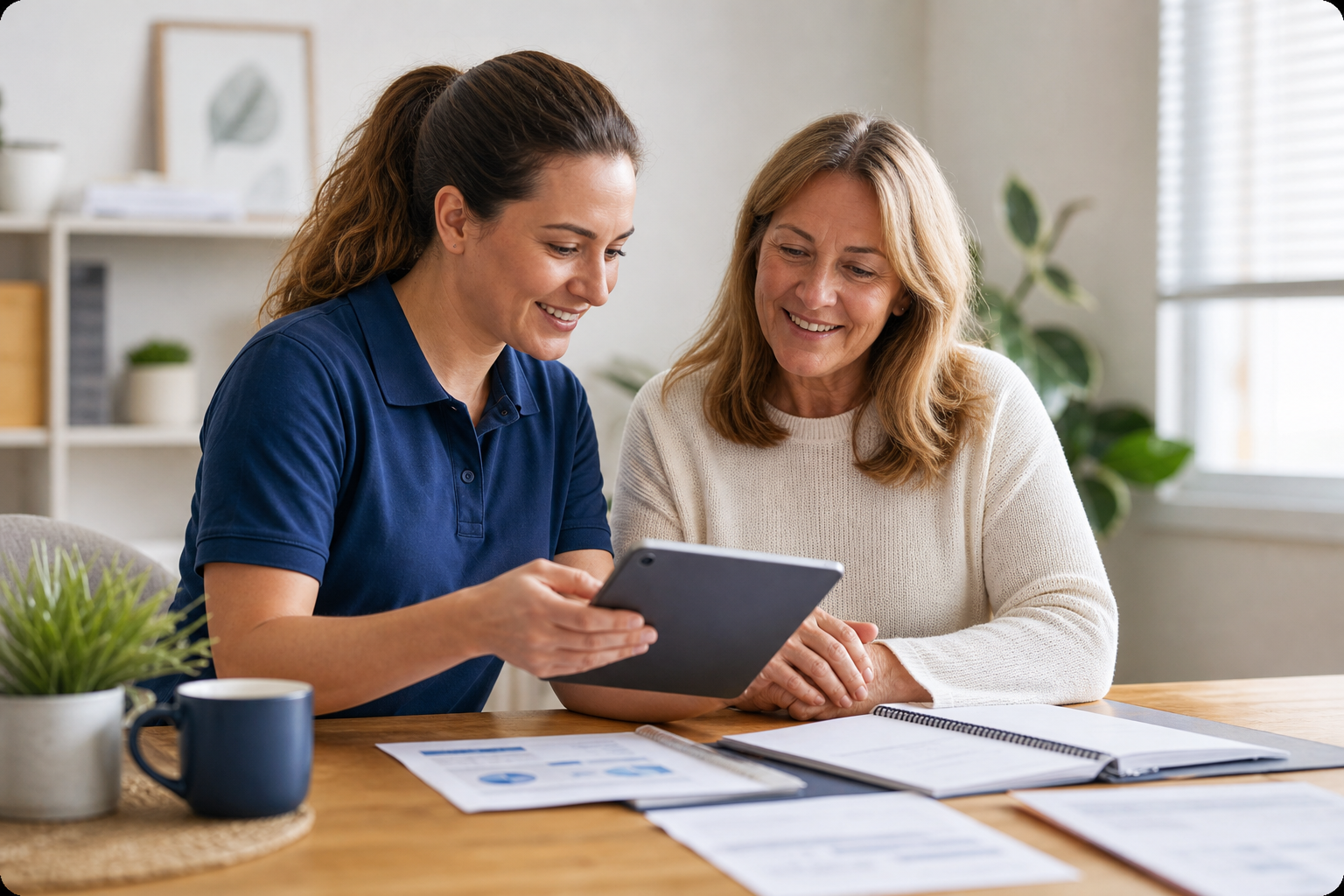 Plan management support conversation with tablet and paperwork